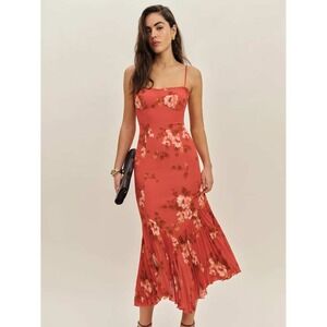 NWT Reformation Aiko Floral Pleated Hem Bustier Slipdress Orange Bloom 0